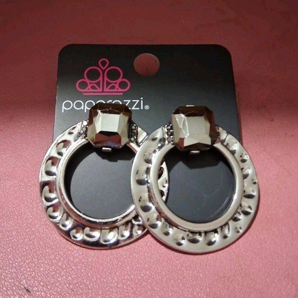Paparazzi Silver Round Dangle Earring  Rhinestones, Butterfly